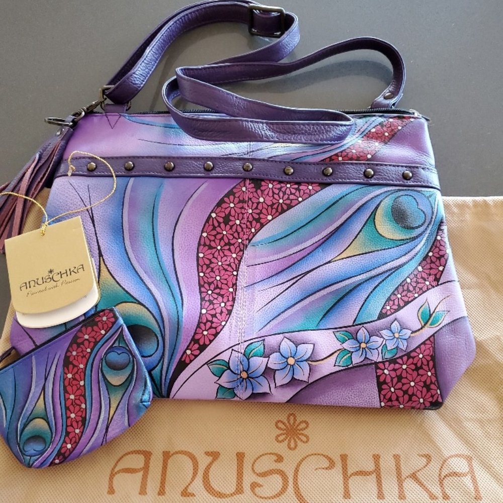 Anuschka Purple Peacock Feather Purse